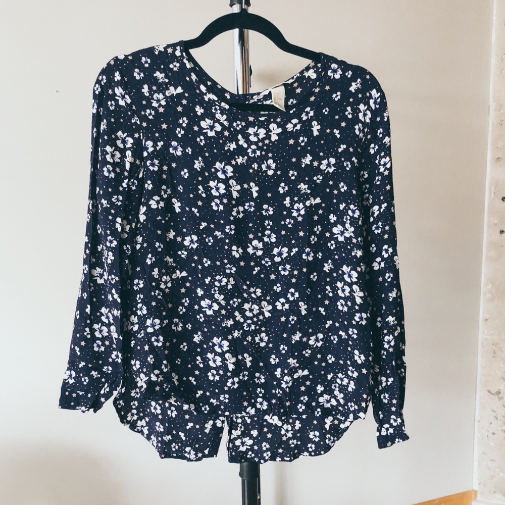 H&M Floral Work Blouse Long Sleeve Navy